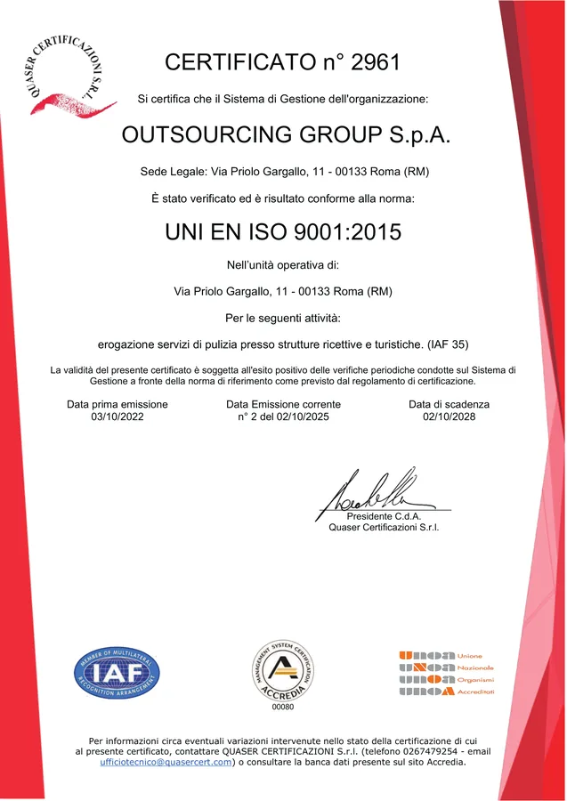 Certificato UNI EN ISO 9001:2015 n° 2961 di Outsourcing Group S.p.A., valido fino al 2 ottobre 2028